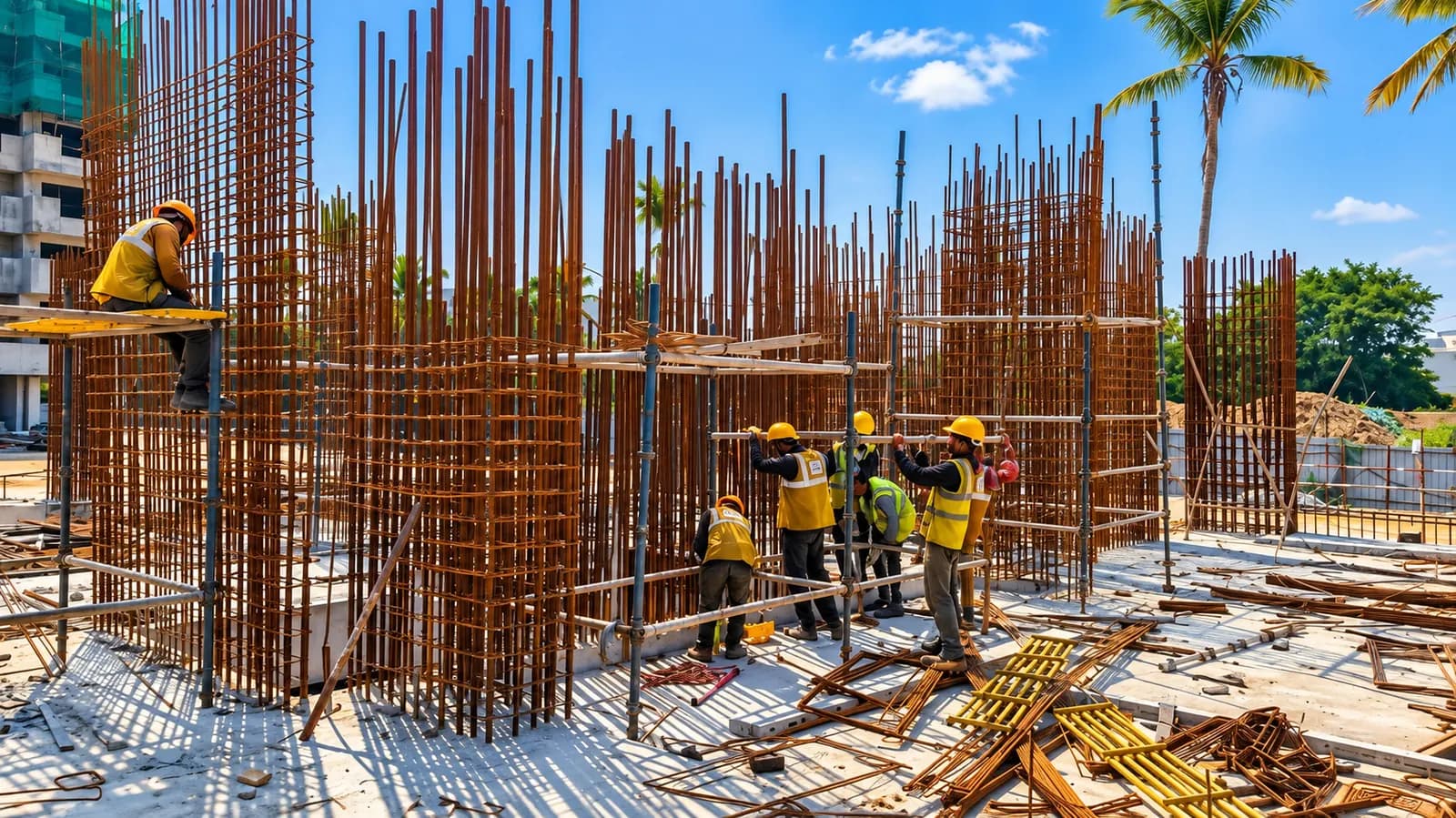 Site photograph of Tru Aquapolis, Tower D: ground to first floor columns and shear wall reinforcement, October 2026