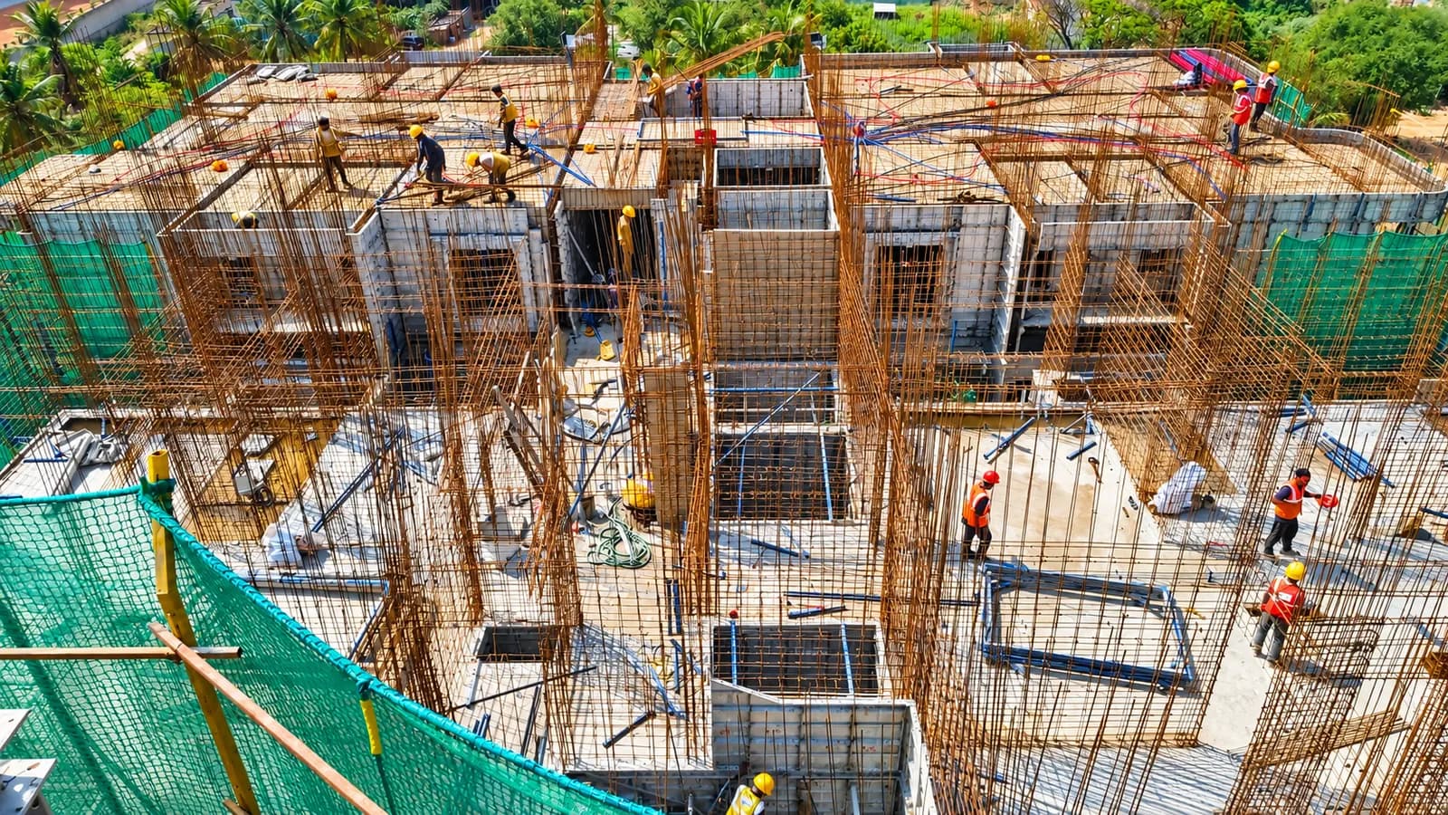Site photograph of Tru Aquapolis, Tower E: 6th floor wall reinforcement and slab shuttering, October 2026