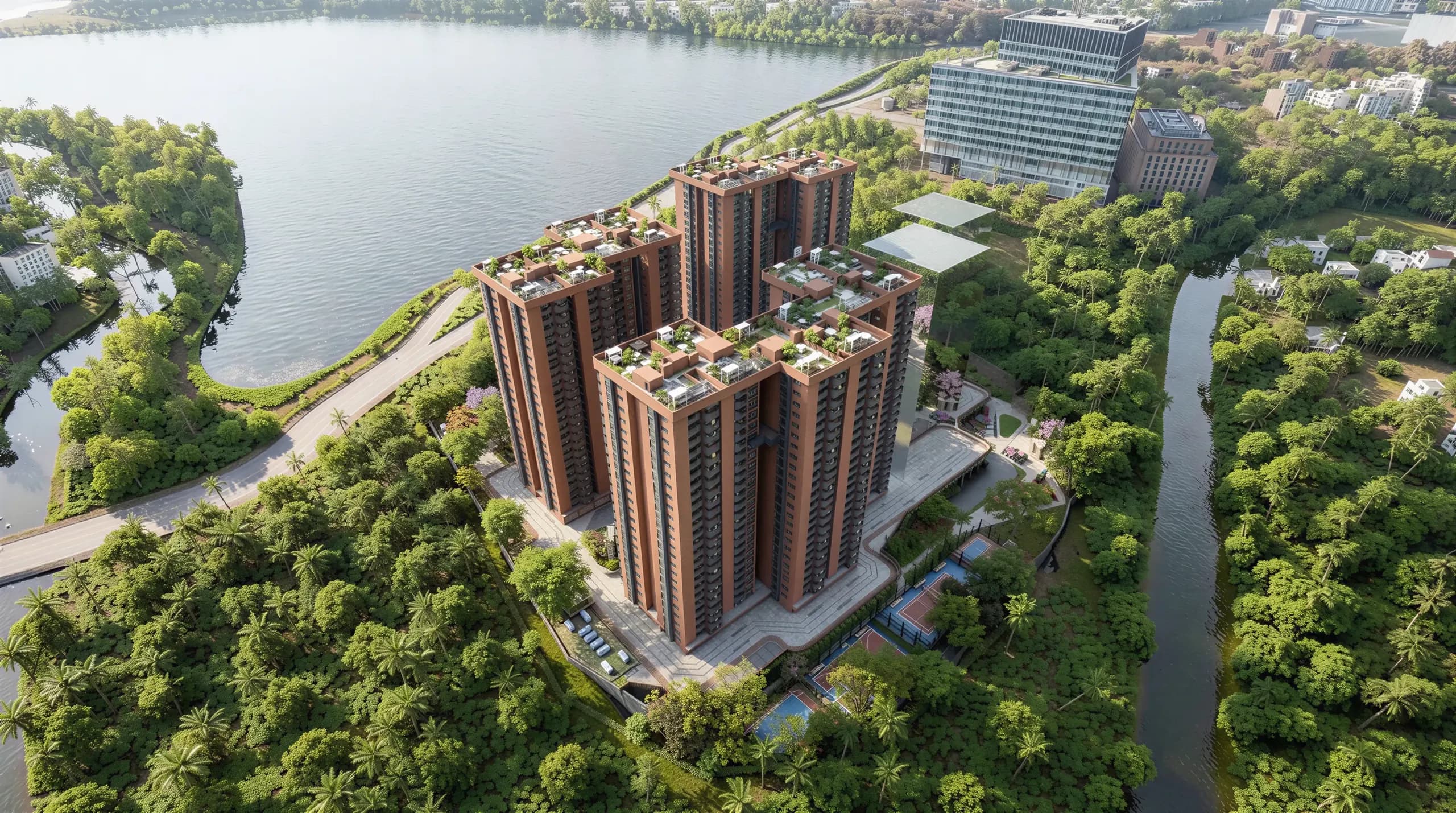 Artistic impression of an aerial view of the Tru Aquapolis towers among greenery beside Varthur Lake, Whitefield