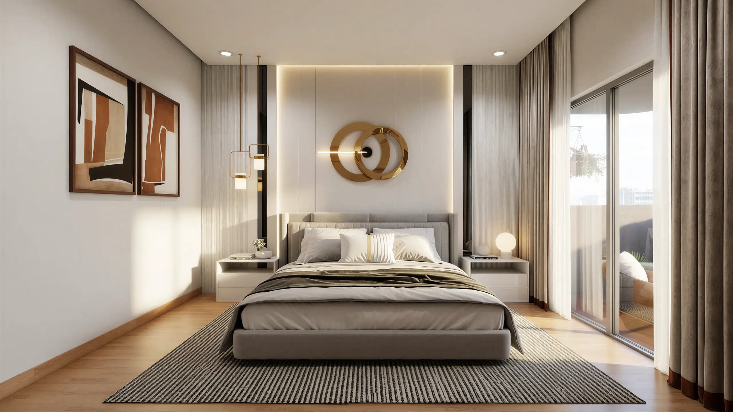 Artistic impression of a bedroom opening onto a balcony in a Tru Aquapolis apartment