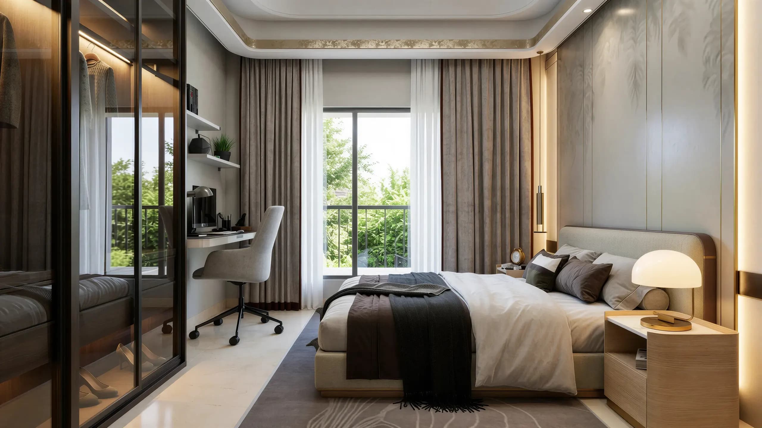 Artistic impression of a bedroom with a study desk and wardrobe in a Tru Aquapolis apartment