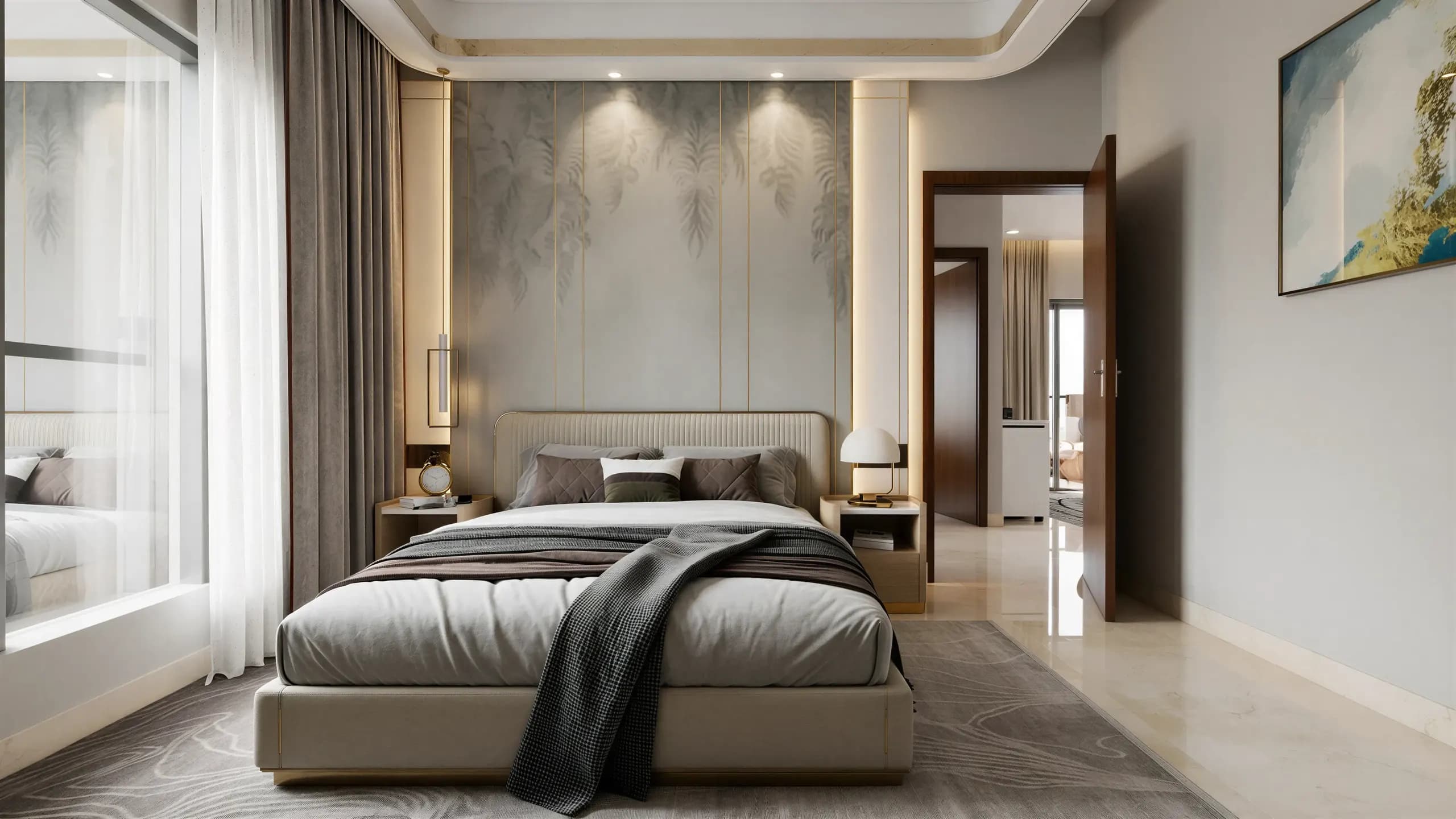 Artistic impression of a master bedroom with a large window in a Tru Aquapolis apartment