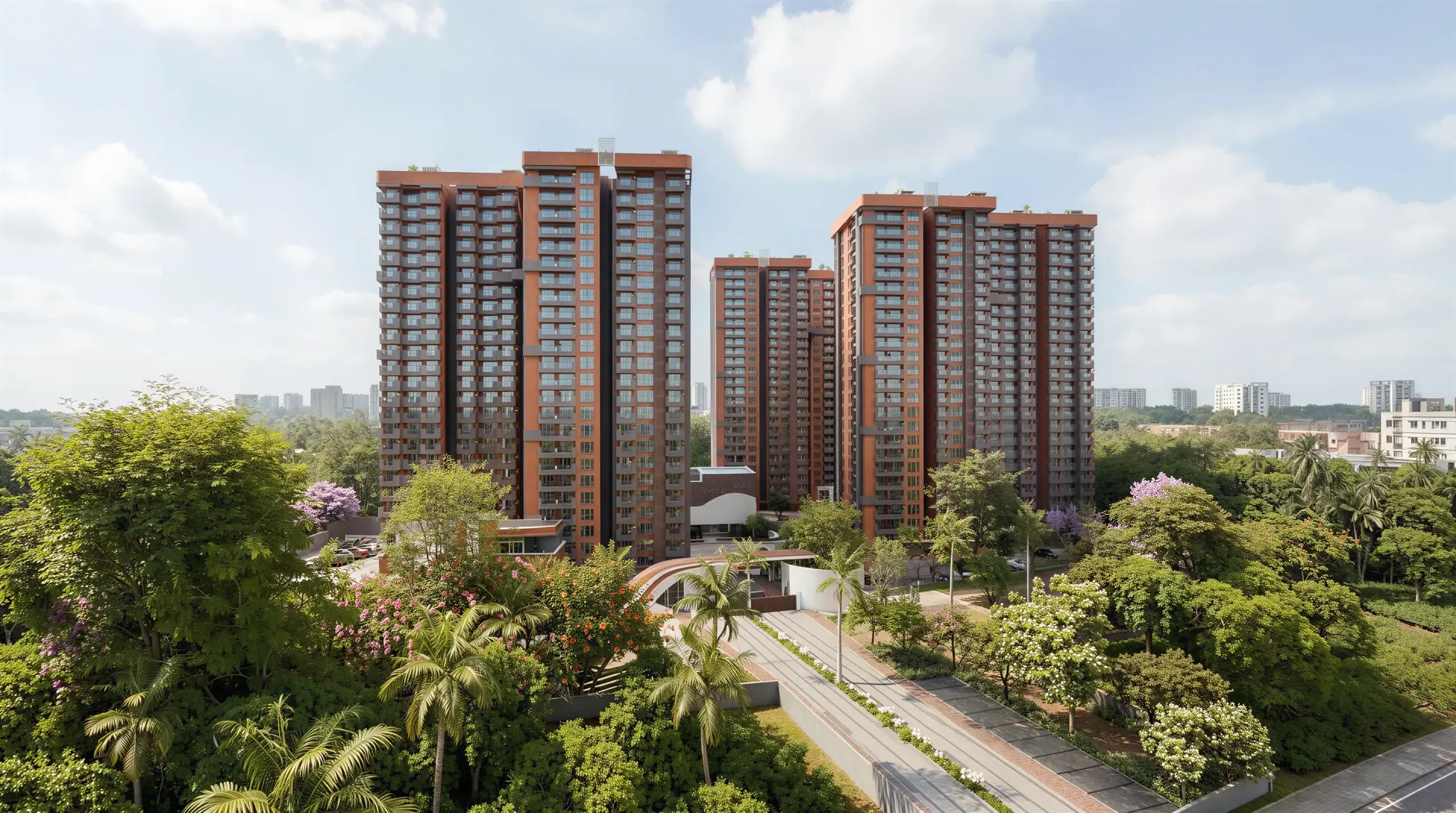 Artistic impression of the Tru Aquapolis towers seen from a tree-lined avenue on a clear day