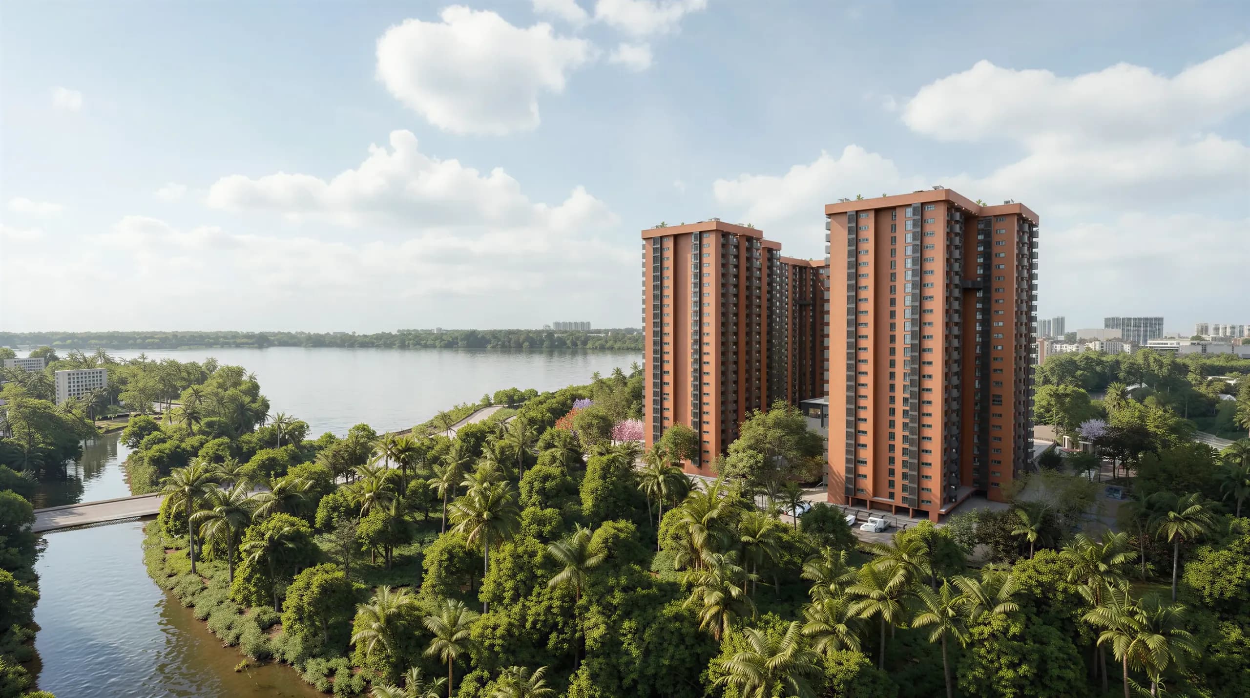 Artistic impression of the Tru Aquapolis towers rising above palm trees, with Varthur Lake and the river behind