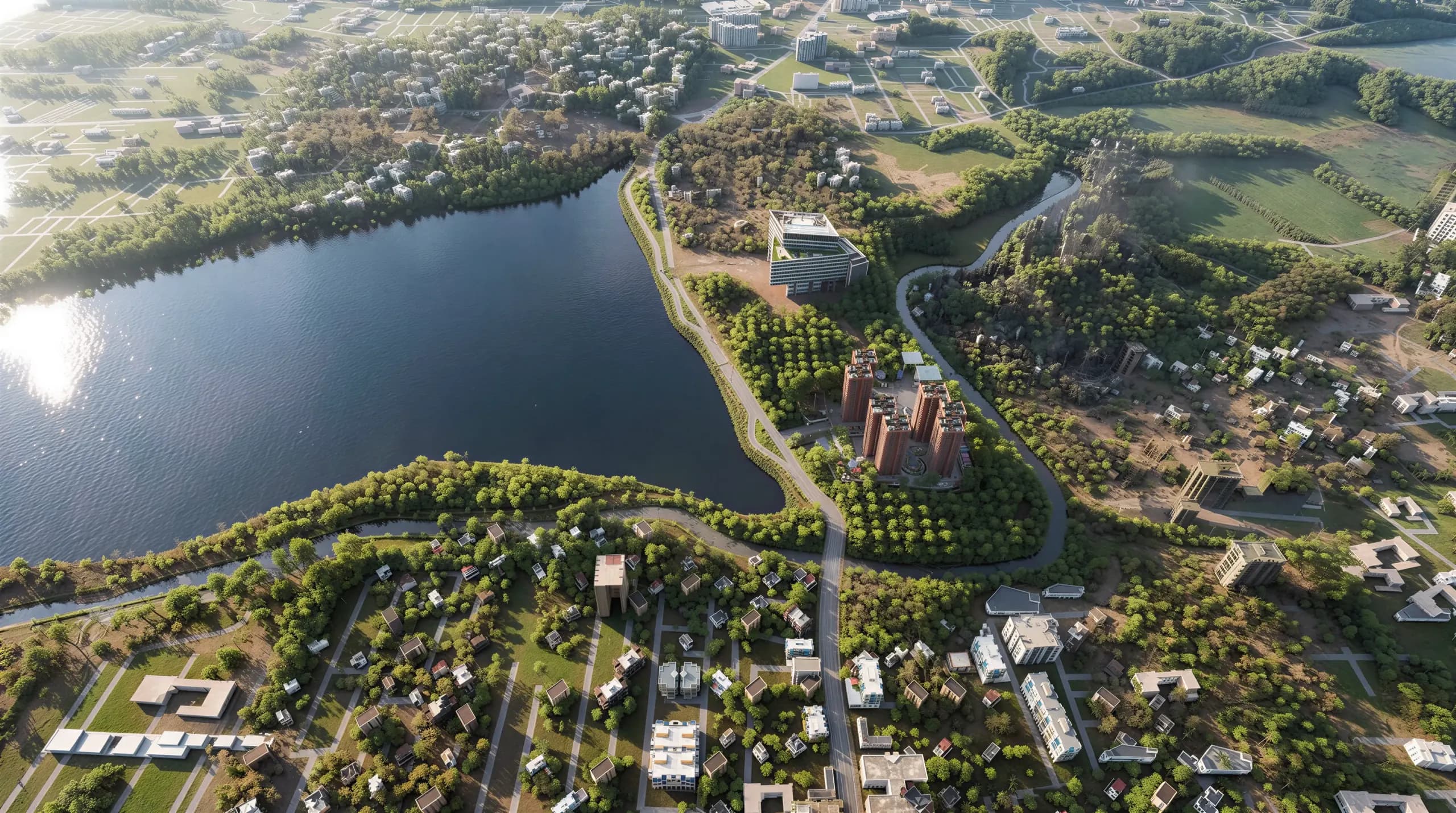Artistic impression of Varthur Lake from above, with the Tru Aquapolis site on its shore