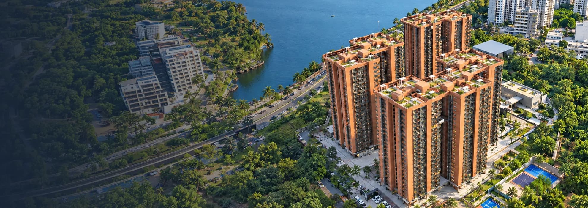 Artistic impression of an aerial view of the Tru Aquapolis towers beside Varthur Lake, Whitefield