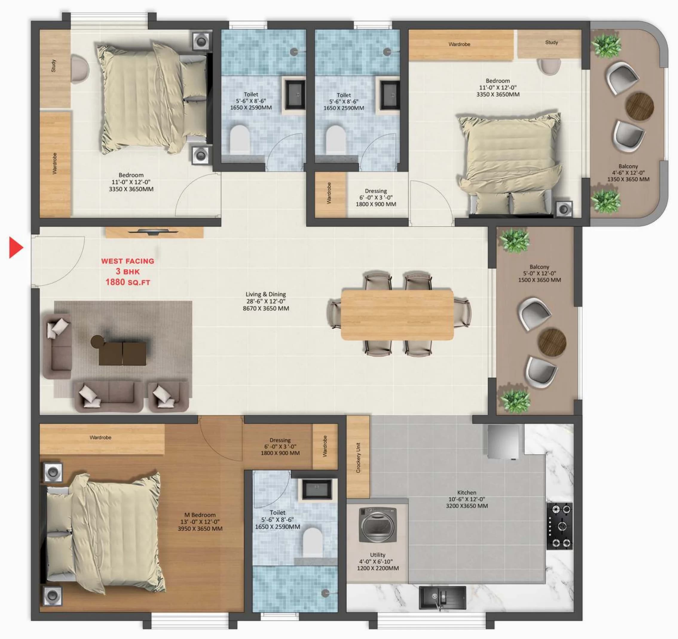 Floor plan of a west-facing 3 BHK apartment at Tru Aquapolis, 1,880 sq ft saleable, with room dimensions