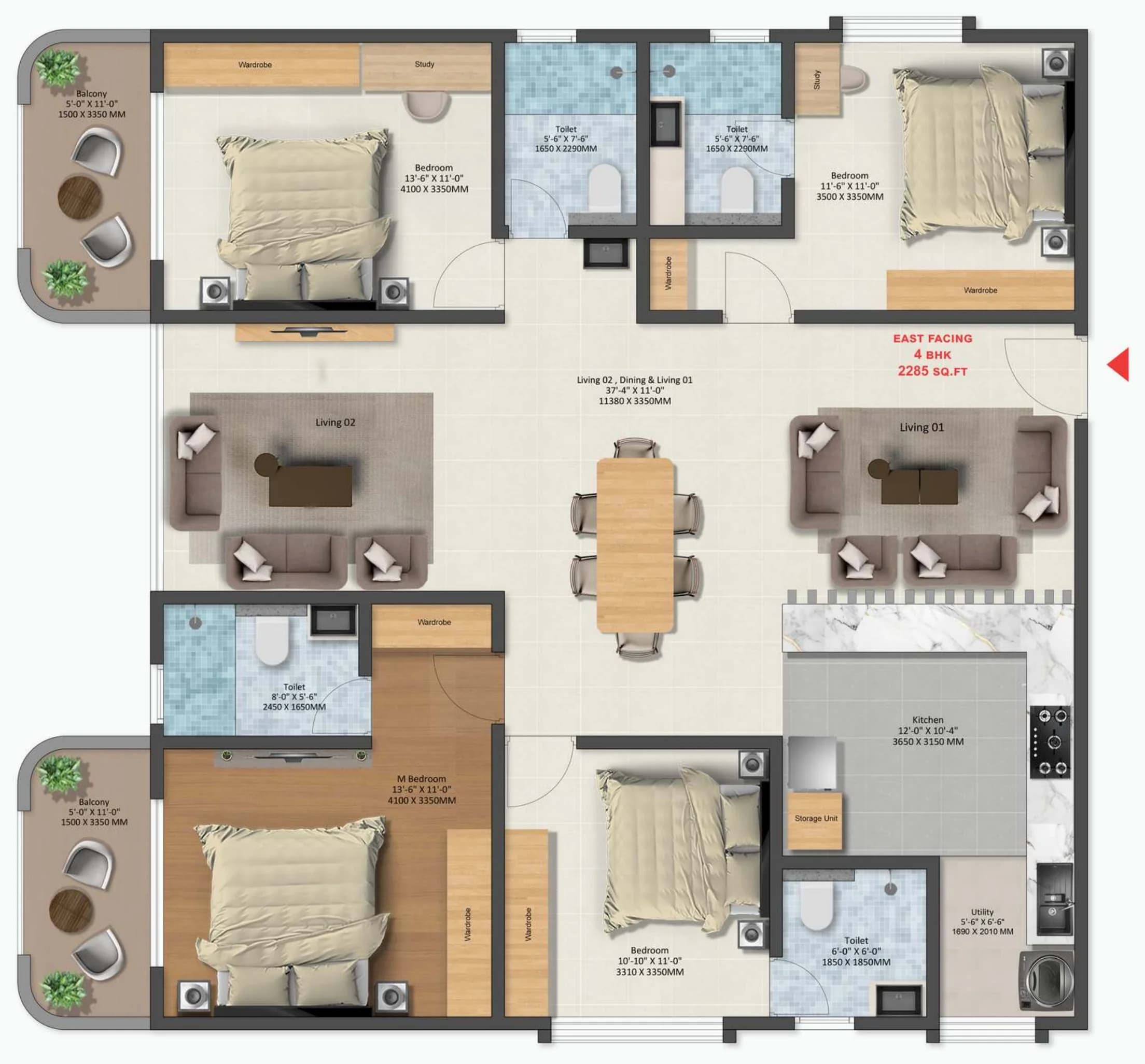 Floor plan of a east-facing 4 BHK apartment at Tru Aquapolis, 2,285 sq ft saleable, with room dimensions