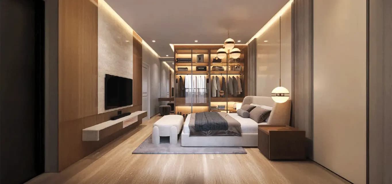 Artistic impression of a bedroom interior in a 3 BHK apartment at Tru Aquapolis