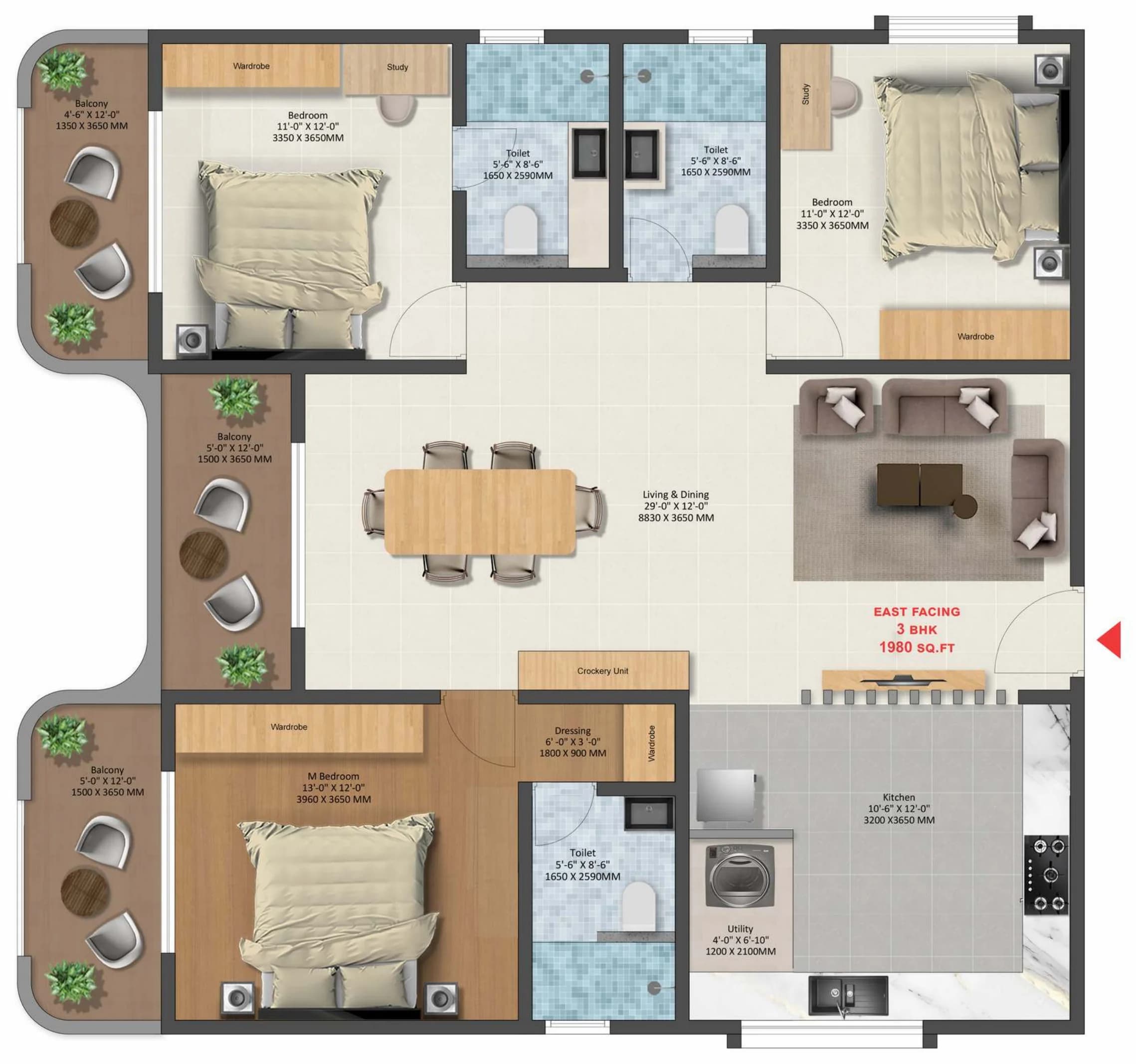 Floor plan of a east-facing 3 BHK apartment at Tru Aquapolis, 1,980 sq ft saleable, with room dimensions