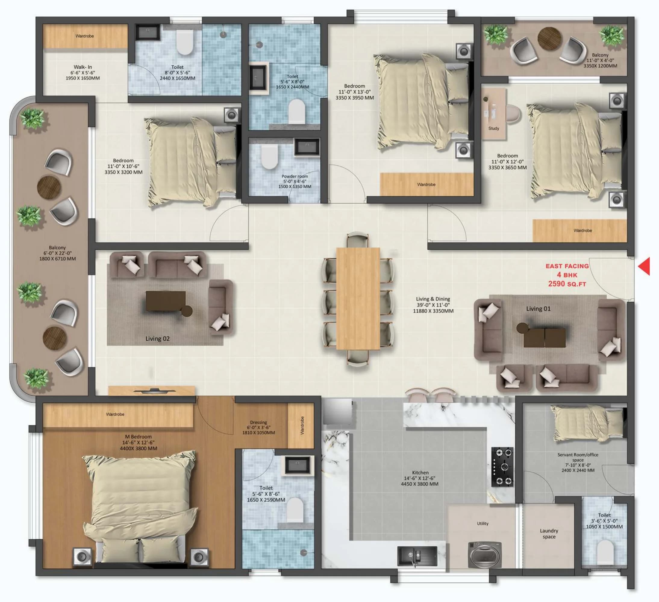 Floor plan of a east-facing 4 BHK apartment at Tru Aquapolis, 2,590 sq ft saleable, with room dimensions