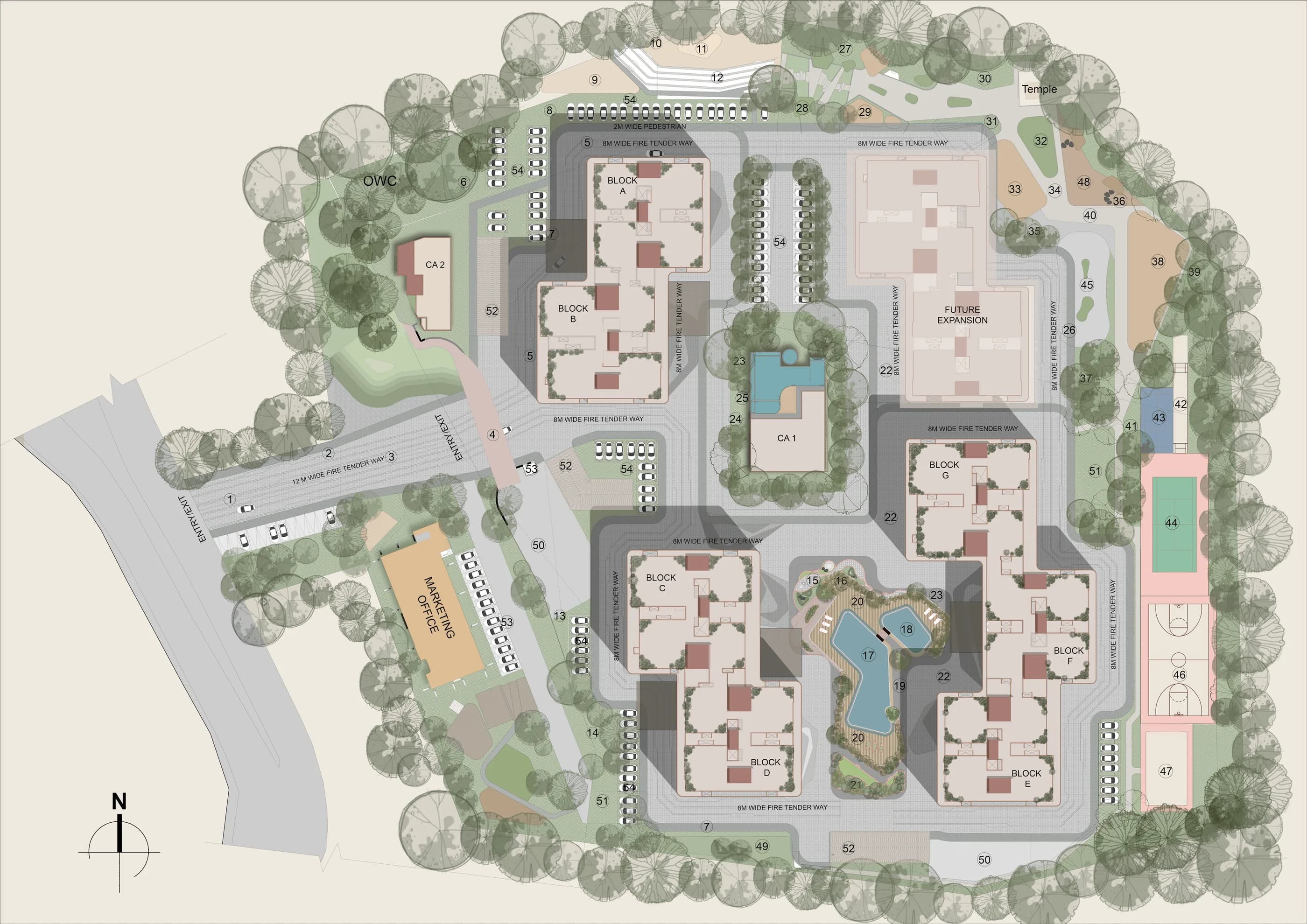 Tru Aquapolis master plan showing Blocks A to G, two clubhouses, the central pool, sports courts and fire tender roads on the 8.25-acre site