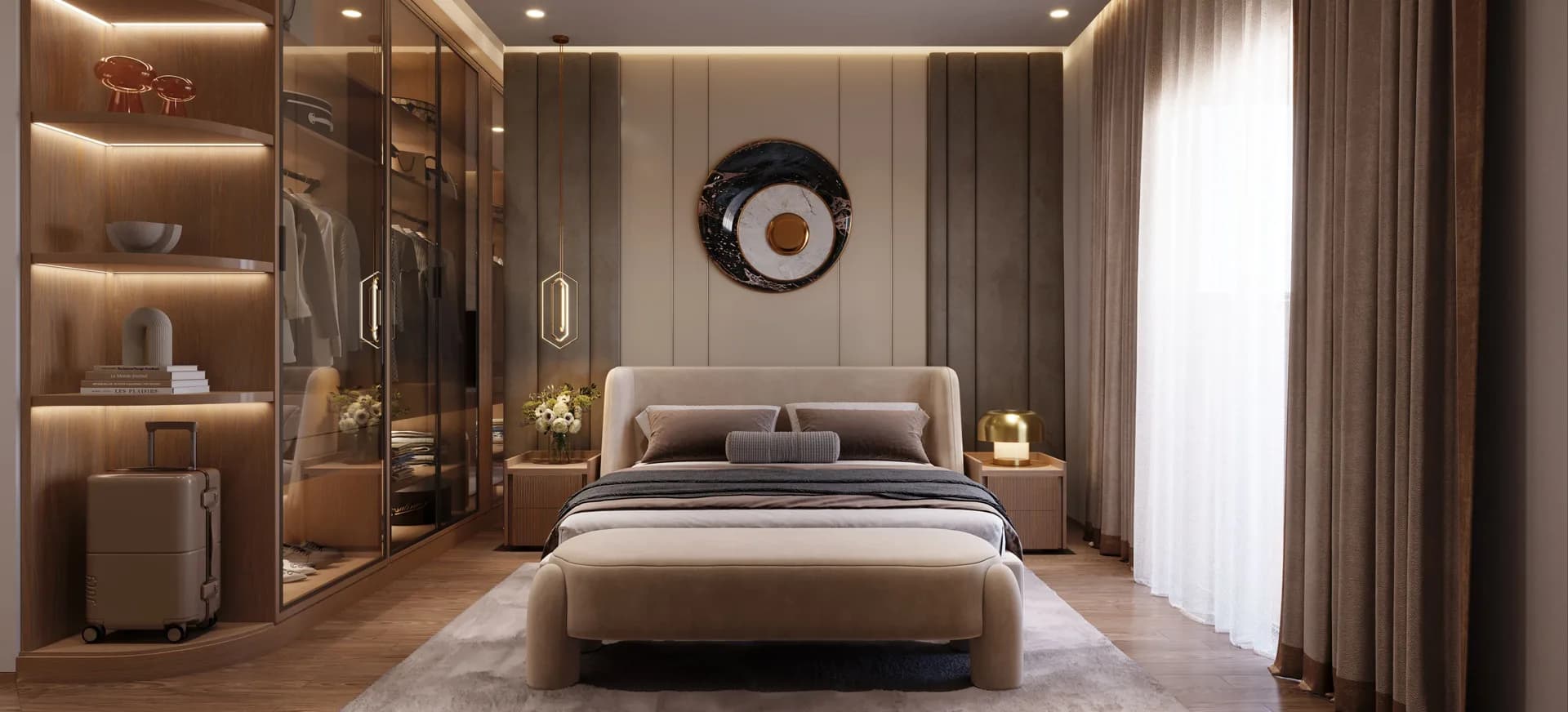 Artistic impression of a master bedroom with a walk-in wardrobe in a Tru Aquapolis apartment