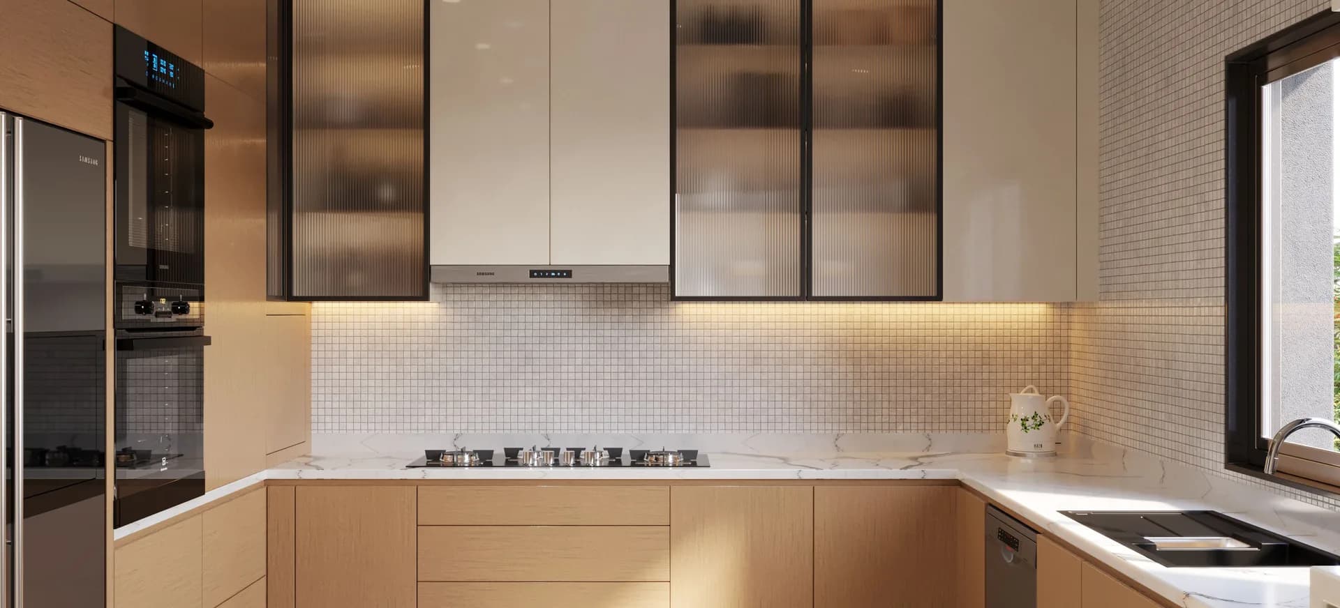 Artistic impression of an L-shaped modular kitchen with built-in ovens in a Tru Aquapolis apartment
