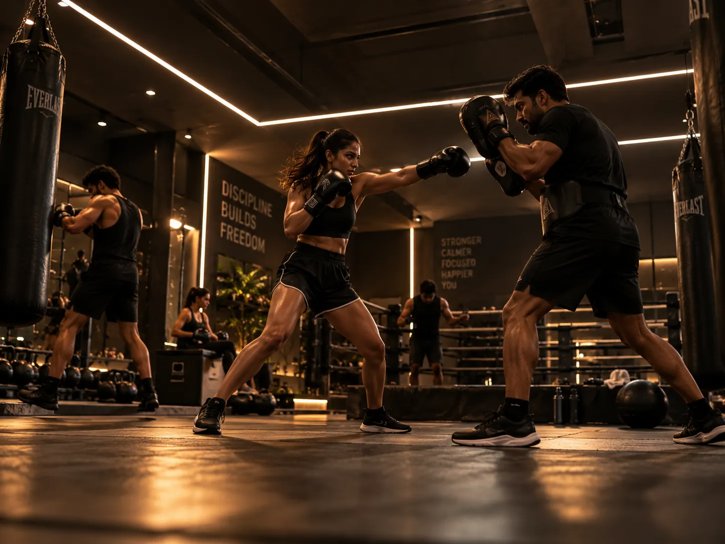 Artistic impression of the boxing and martial arts studio at Tru Aquapolis, with heavy bags and a matted floor