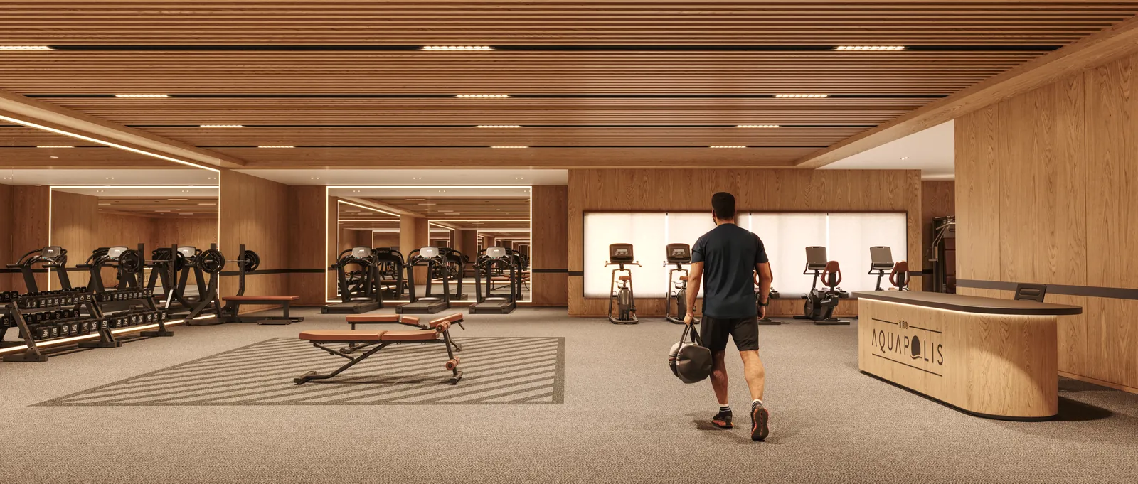 Artistic impression of the gymnasium at Tru Aquapolis, with weights, machines and a reception desk