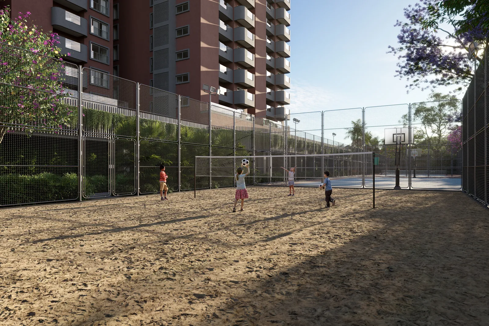 Artistic impression of the fenced sand play court with the basketball court and hoop behind it at Tru Aquapolis