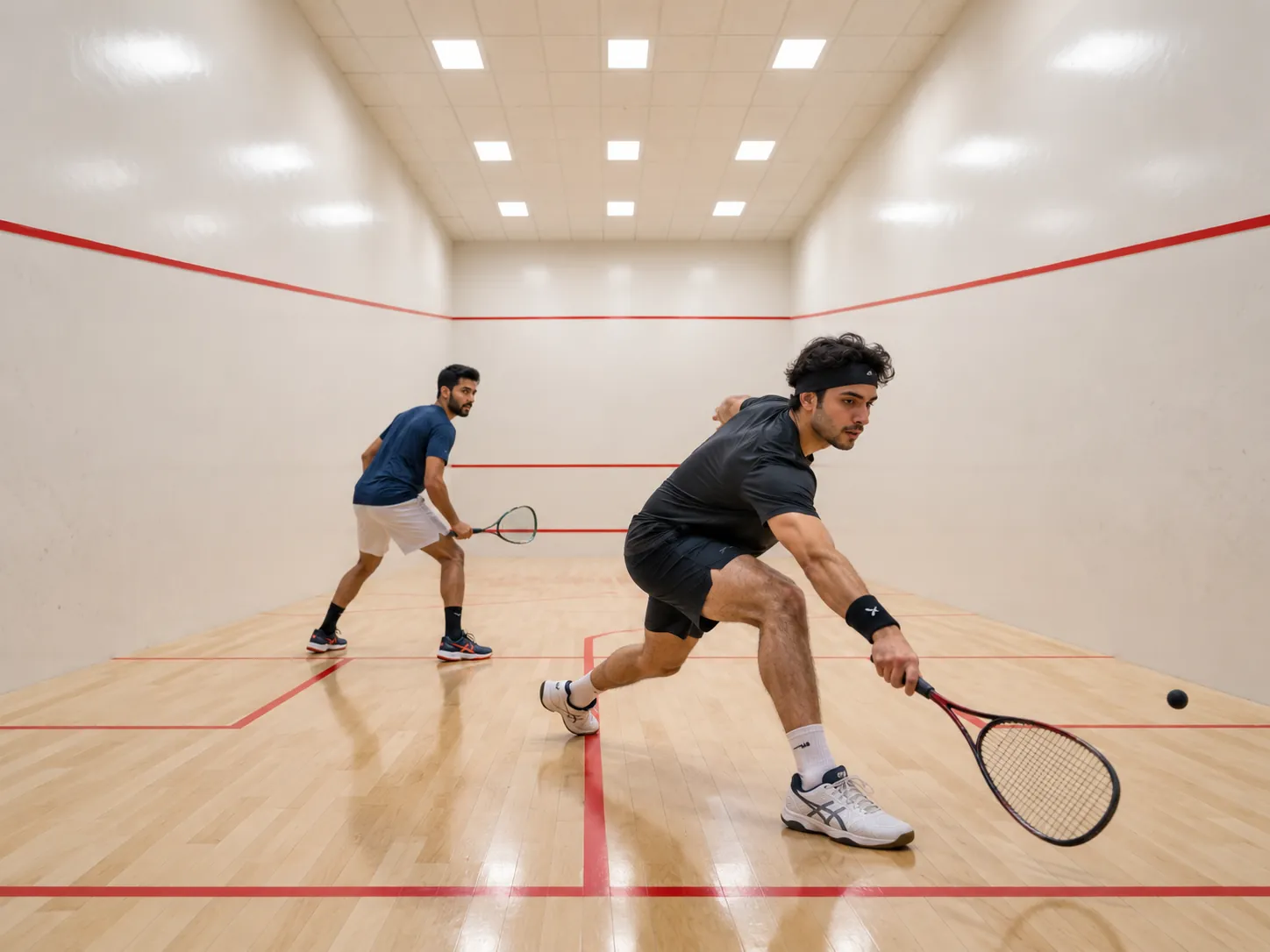 Artistic impression of the squash court at Tru Aquapolis, with two players mid-rally