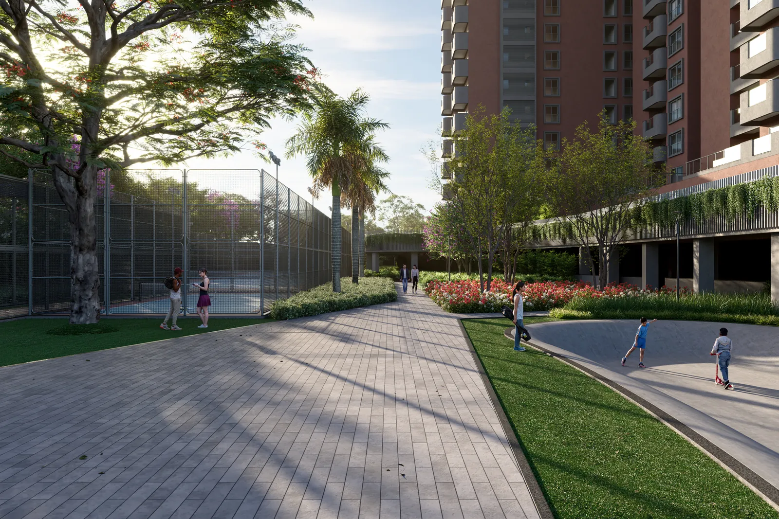 Artistic impression of the fenced tennis courts beside a landscaped walkway at Tru Aquapolis